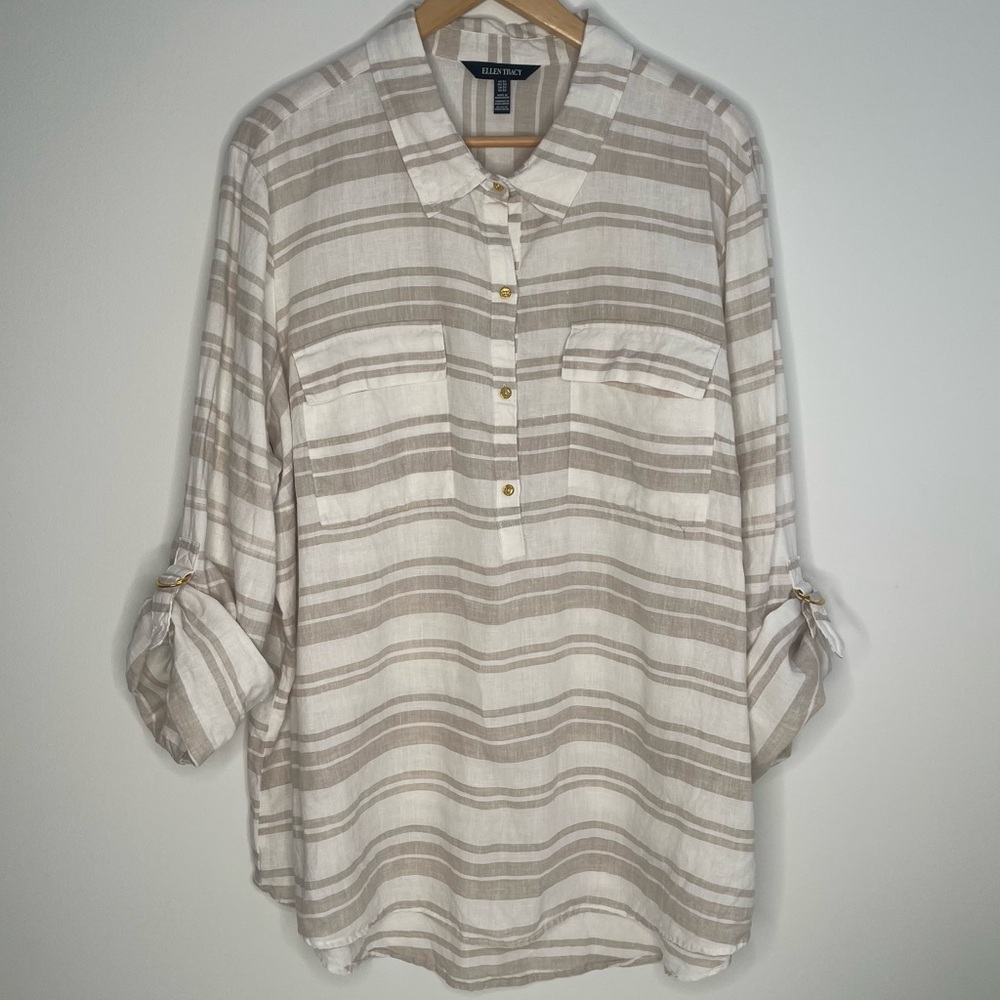 100% Linen Ellen Tracy Beige White Striped Blouse Shirt Tunic Pool Coverup